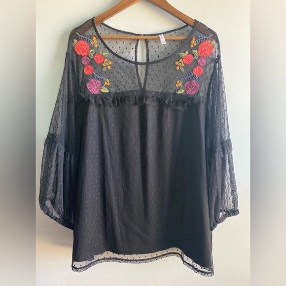 Xhileration - Floral Embroidery Sheer Blouse - Picture 3 of 9